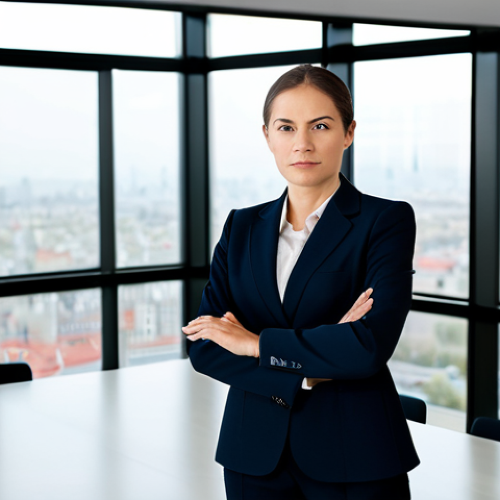 A professional female security consultant in a modest dark business suit, standing confidently in a bright, modern meeting room. She is gesturing towards a detailed contract document laid out on a large conference table, her expression focused and professional, conveying the importance of clear terms and responsibility scope. The background features a blurred view of a cityscape through large windows, suggesting a corporate setting. The overall image emphasizes precision and legal clarity. perfect anatomy, correct proportions, well-formed hands, proper finger count, natural body proportions, natural pose, professional photography, high quality, safe for work, appropriate content, fully clothed, modest clothing, professional dress.