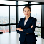 A professional female security consultant in a modest dark business suit, standing confidently in a bright, modern meeting room. She is gesturing towards a detailed contract document laid out on a large conference table, her expression focused and professional, conveying the importance of clear terms and responsibility scope. The background features a blurred view of a cityscape through large windows, suggesting a corporate setting. The overall image emphasizes precision and legal clarity. perfect anatomy, correct proportions, well-formed hands, proper finger count, natural body proportions, natural pose, professional photography, high quality, safe for work, appropriate content, fully clothed, modest clothing, professional dress.