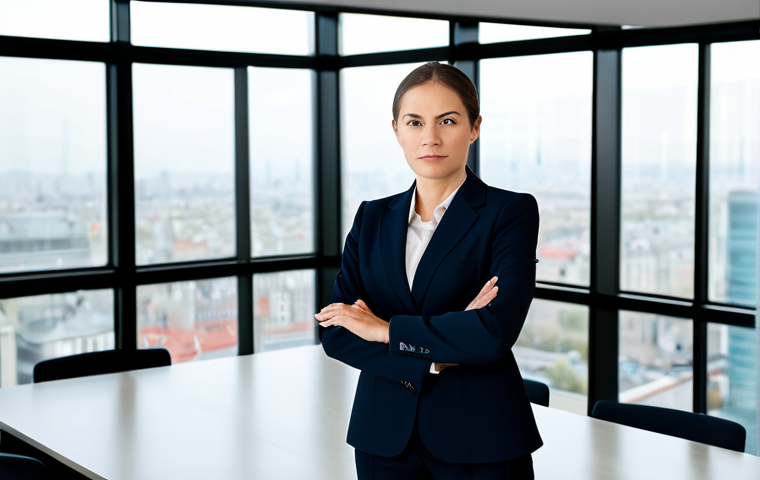 A professional female security consultant in a modest dark business suit, standing confidently in a bright, modern meeting room. She is gesturing towards a detailed contract document laid out on a large conference table, her expression focused and professional, conveying the importance of clear terms and responsibility scope. The background features a blurred view of a cityscape through large windows, suggesting a corporate setting. The overall image emphasizes precision and legal clarity. perfect anatomy, correct proportions, well-formed hands, proper finger count, natural body proportions, natural pose, professional photography, high quality, safe for work, appropriate content, fully clothed, modest clothing, professional dress.