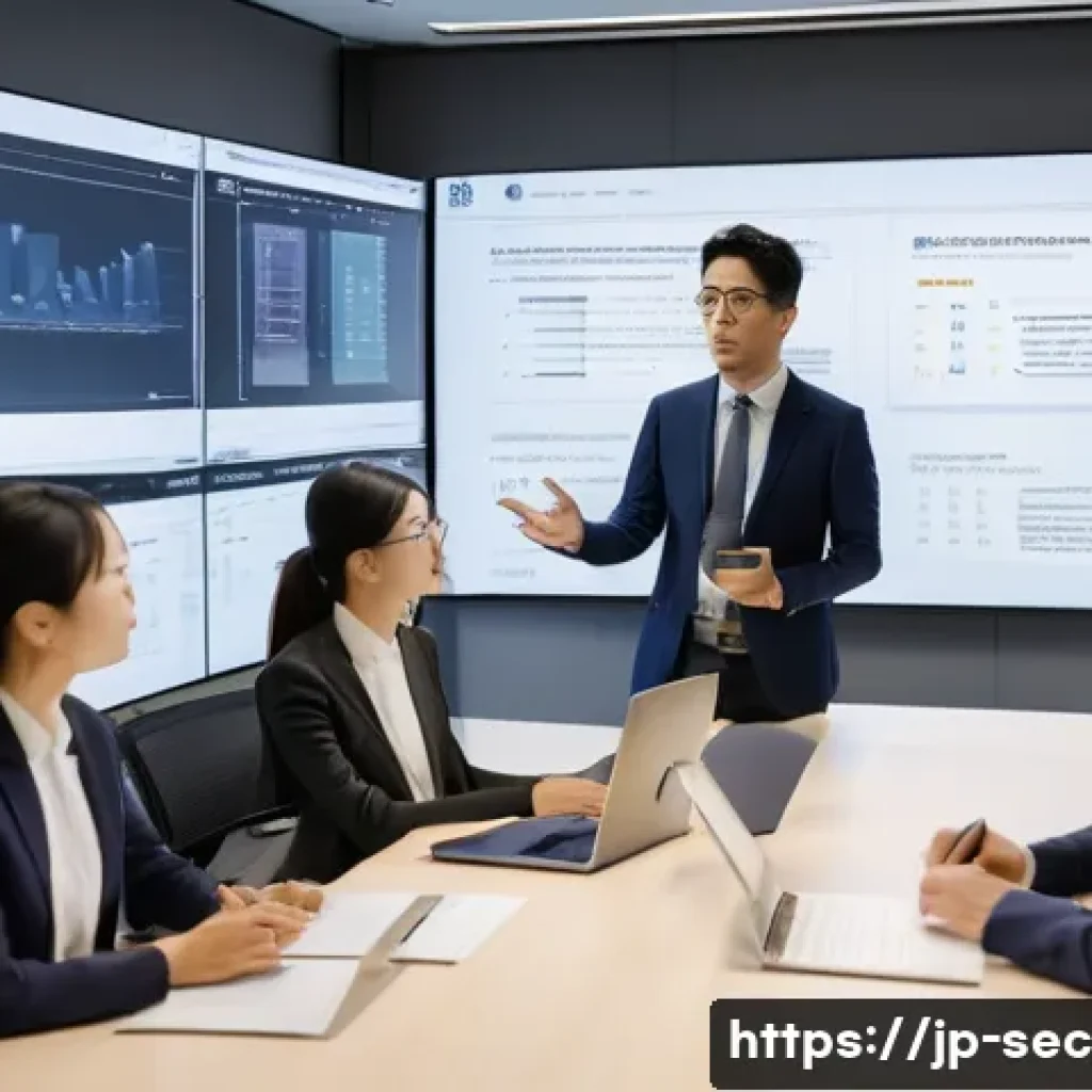 보안 컨설턴트를 위한 AWS 보안 실습법 - A modern Japanese office environment where a professional IT security consultant is explaining AWS I...