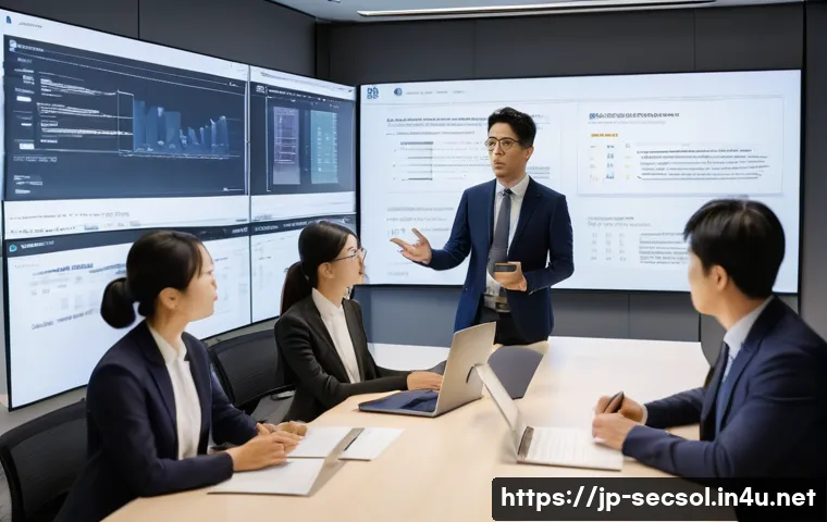 보안 컨설턴트를 위한 AWS 보안 실습법 - A modern Japanese office environment where a professional IT security consultant is explaining AWS I...