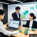 보안 솔루션 컨설팅 실패 사례와 교훈 - A modern Japanese office setting with diverse employees collaborating on cybersecurity design, focus...