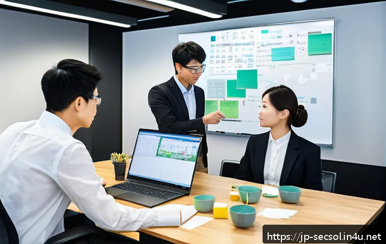 보안 솔루션 컨설팅 실패 사례와 교훈 - A modern Japanese office setting with diverse employees collaborating on cybersecurity design, focus...