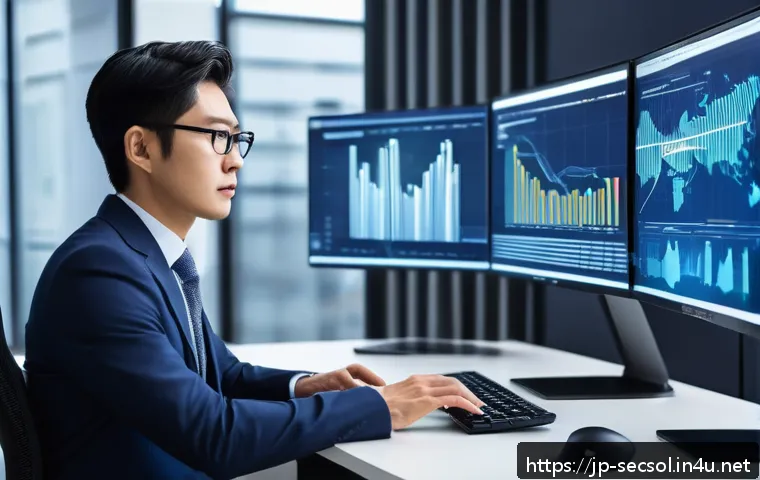 보안솔루션 컨설턴트 초보자를 위한 입문 가이드 - A professional Japanese cybersecurity consultant in a modern office setting, analyzing network vulne...