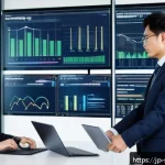보안 컨설팅에서의 정책 작성과 적용 사례 - A modern Japanese corporate office scene with diverse employees in business casual attire, collabora...