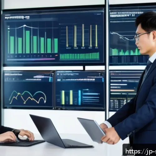 보안 컨설팅에서의 정책 작성과 적용 사례 - A modern Japanese corporate office scene with diverse employees in business casual attire, collabora...