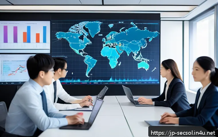 보안 컨설팅에서의 리스크 평가 기법 - A modern corporate office setting with diverse Japanese professionals collaboratively analyzing a la...