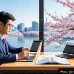 보안 컨설턴트의 전문성 향상을 위한 도서 추천 - A modern Japanese office scene showing a professional security consultant studying a detailed cybers...