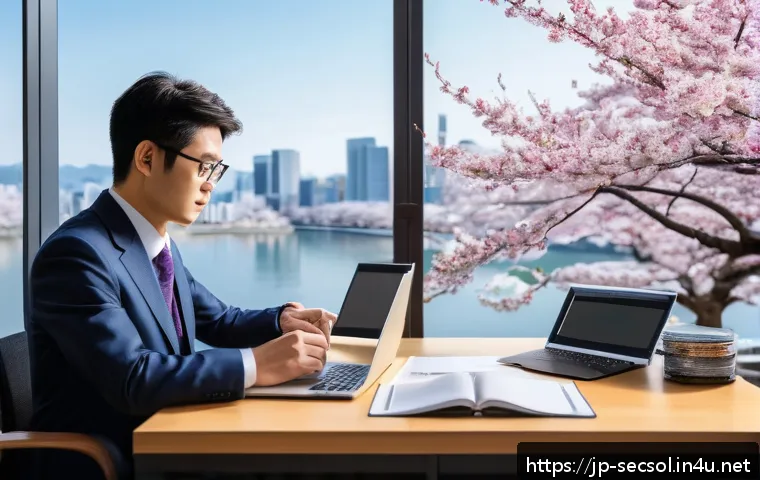 보안 컨설턴트의 전문성 향상을 위한 도서 추천 - A modern Japanese office scene showing a professional security consultant studying a detailed cybers...