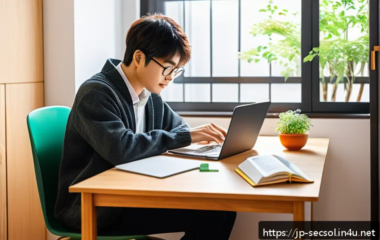 CISSP 준비 전략과 학습법 - A modern Japanese home study environment with a young professional wearing casual clothes and readin...